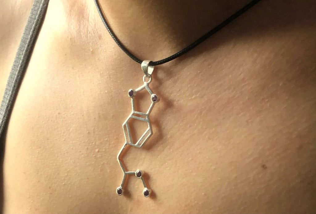 Mushroom Kingdom Pins - Sterling Silver MDMA Molecule Pendant – 2" Amethyst Crystal 