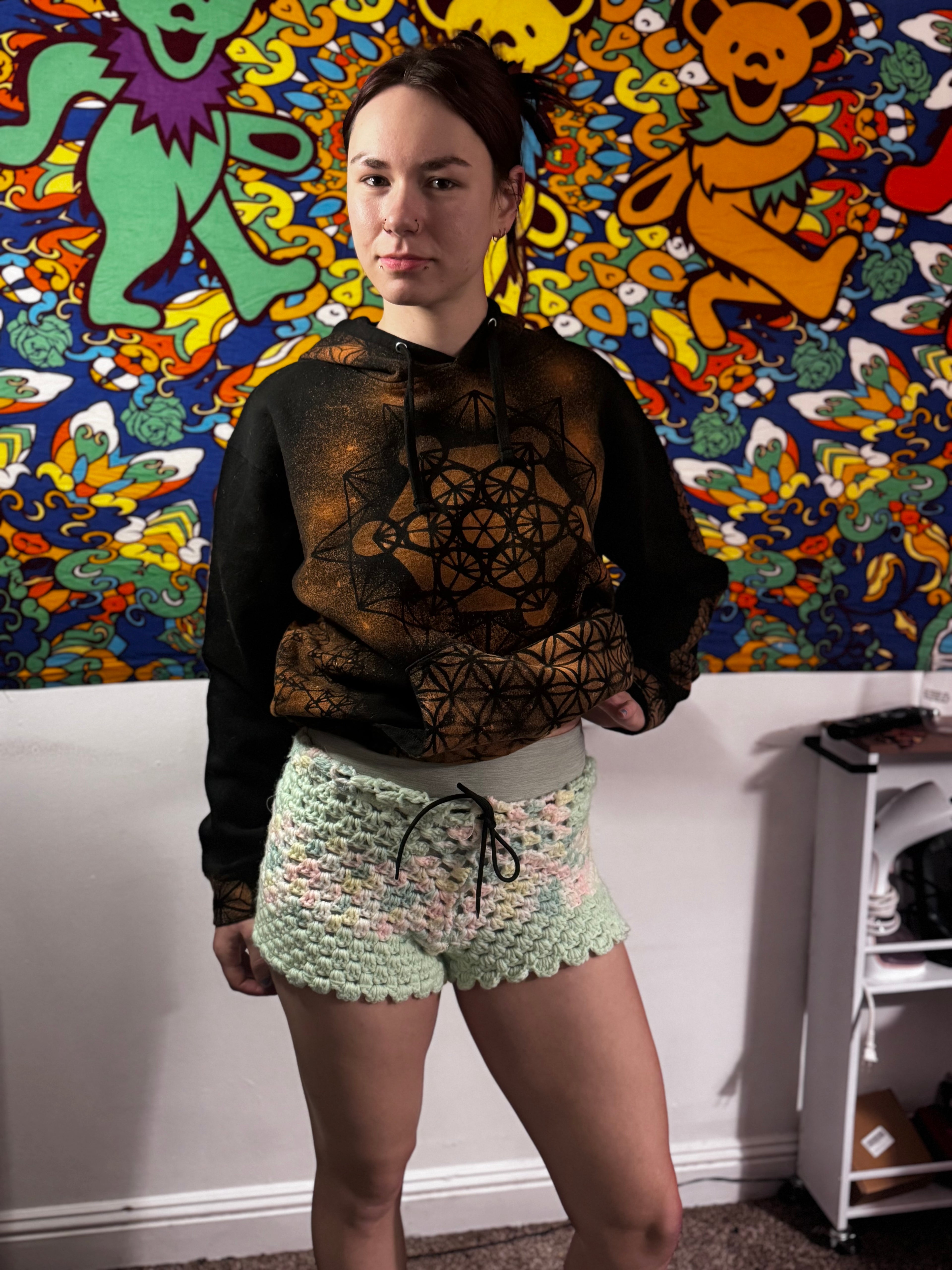 Upcycled crochet blanket shorts