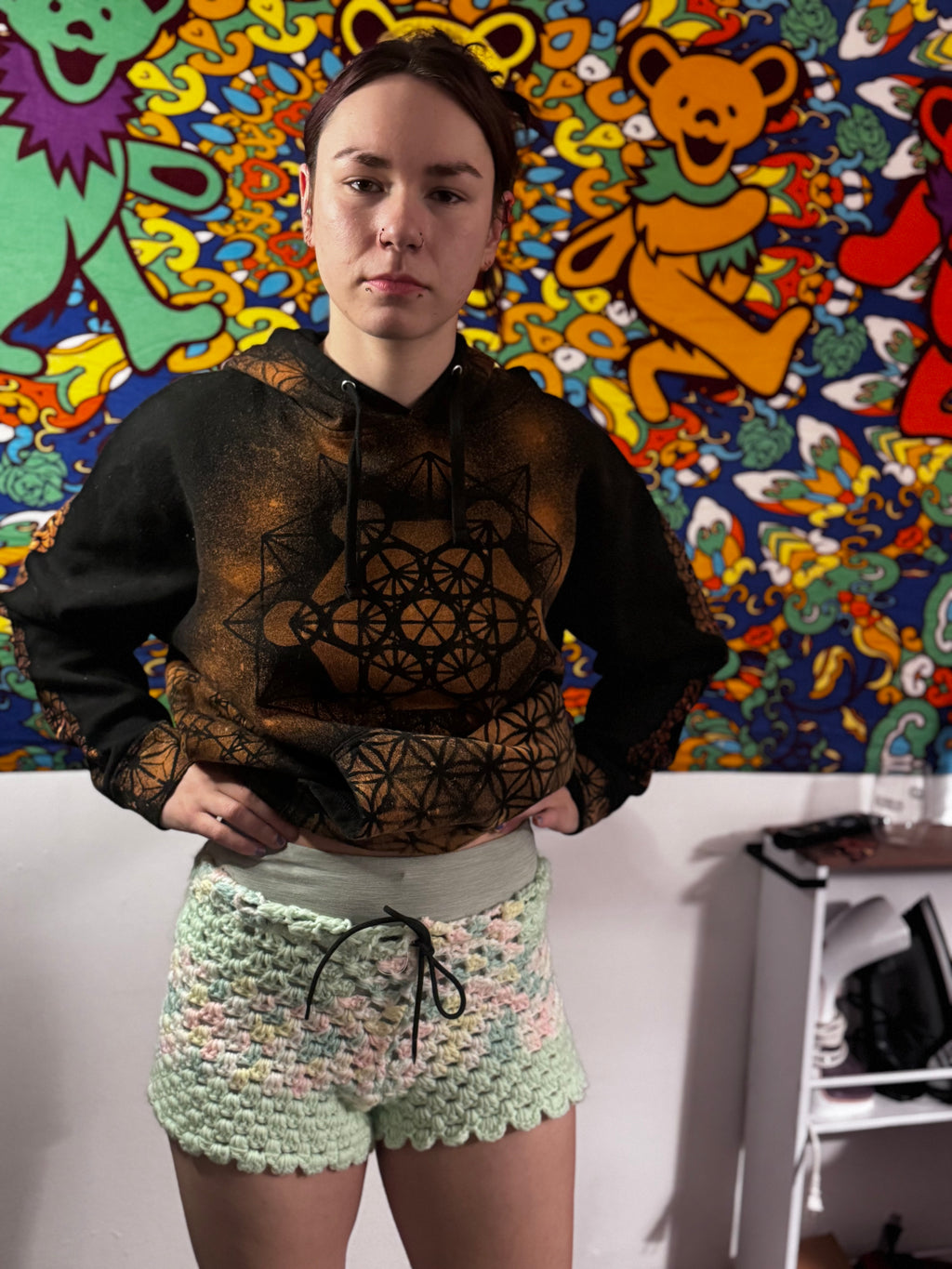 Upcycled crochet blanket shorts