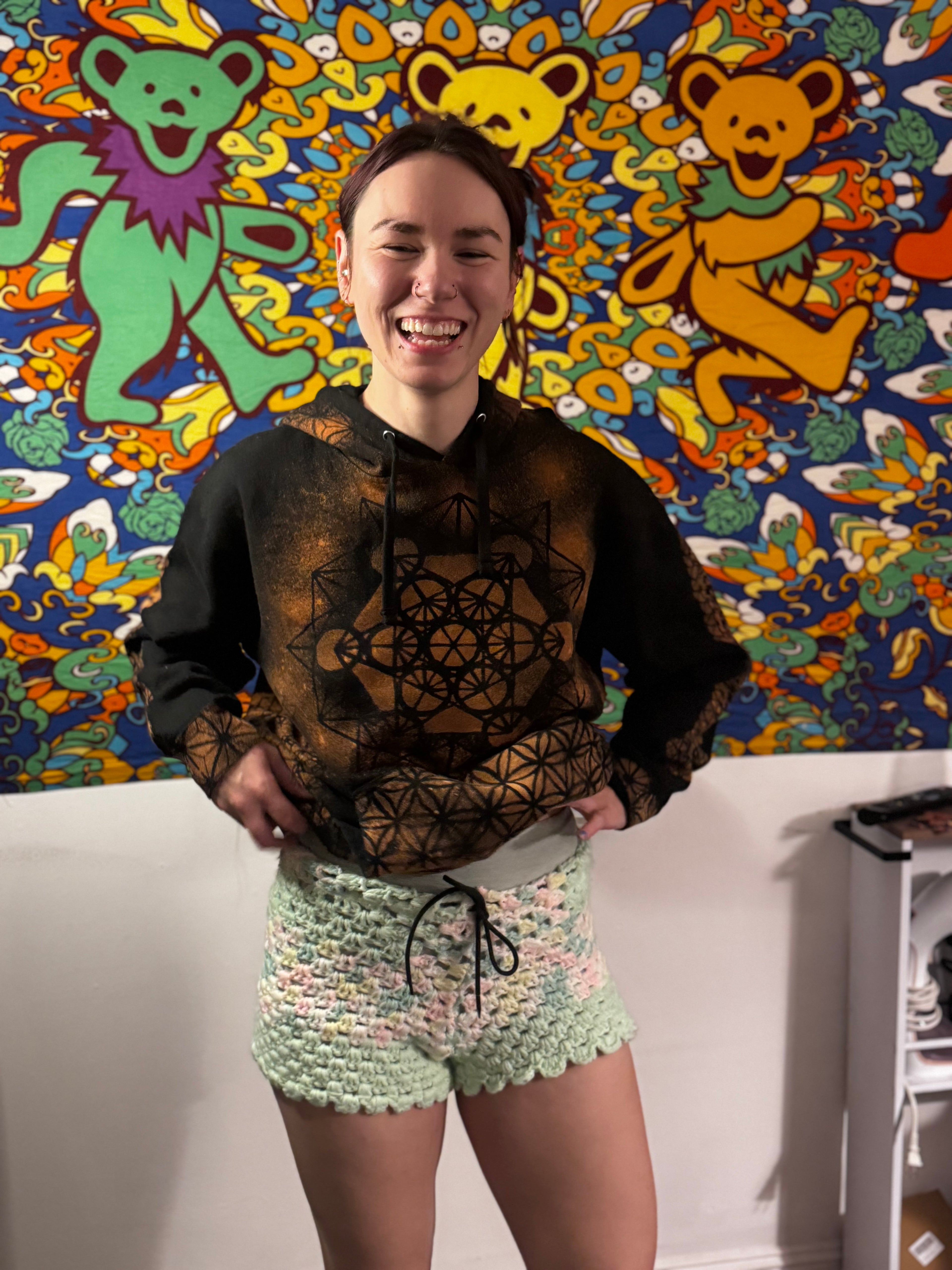 Upcycled crochet blanket shorts