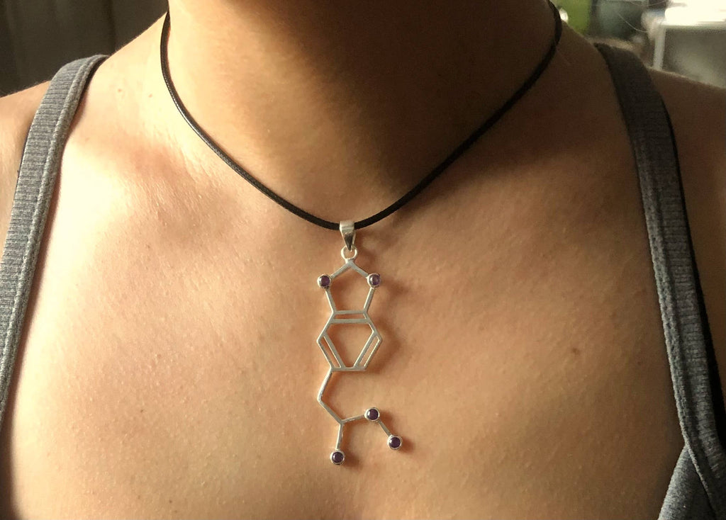 Mushroom Kingdom Pins - Sterling Silver MDMA Molecule Pendant – 2" Amethyst Crystal 